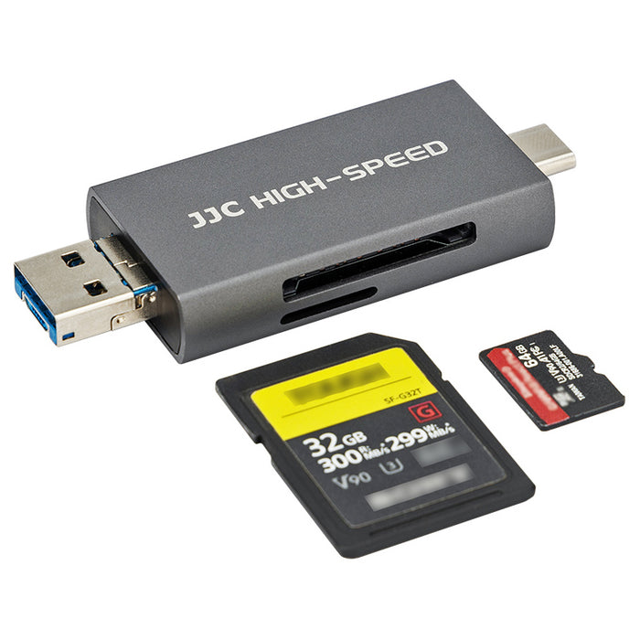 JJC USB 3.1 Card Reader, with USB-A, USB-C, Micro USB ports, reads SD & Micro SD Cards