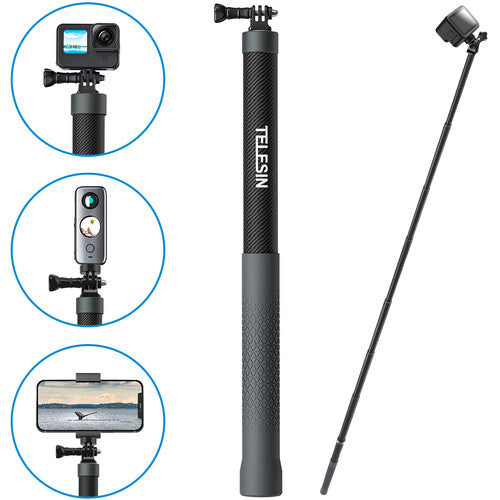 TELESIN 3m Carbon Fiber Extended Selfie Stick for Action Camera w/ 3-Prong or 1/4" Mount (3rd Gen)