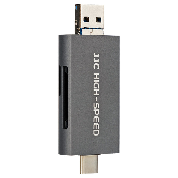 JJC USB 3.1 Card Reader, with USB-A, USB-C, Micro USB ports, reads SD & Micro SD Cards