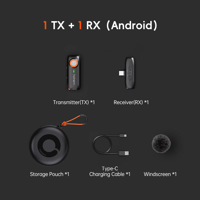 HOHEM Mic-01 Wireless Lavalier Microphone - 1 Transmitter, 1 Receiver (Charging Case NOT included) - Black