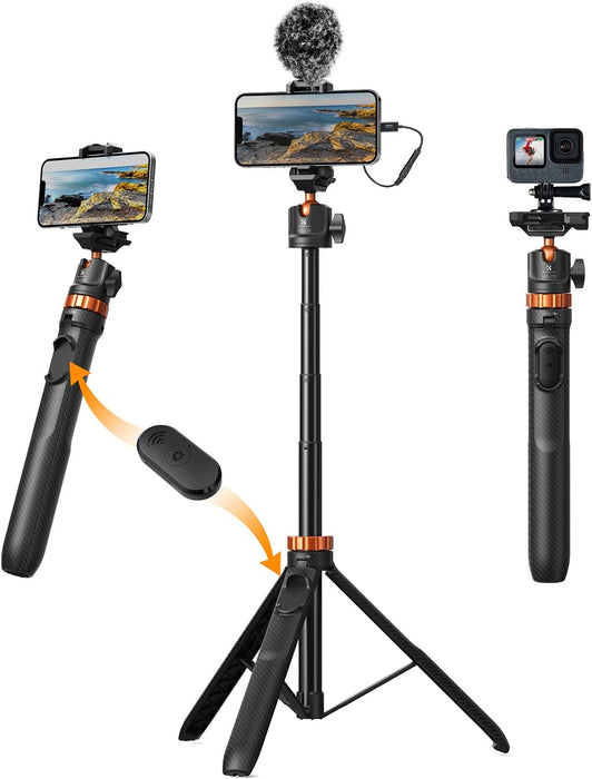 K&F CONCEPT MS08 1.57m 2-in-1 Selfie Stick Tripod - 1/4" Thread, GoPro 3-Prong Mount, Phone Holder, Bluetooth Remote (Black Orange)
