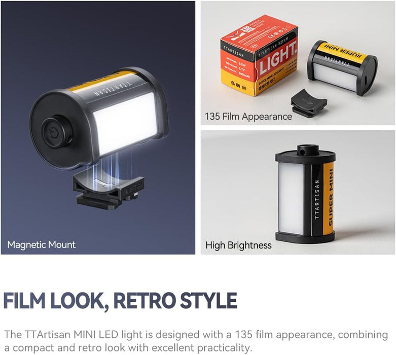 TTARTISAN Retro Film Canister Design Magnetic LED Light with Hot Shoe Mount - Rechargeable, 3 Temperature Settings