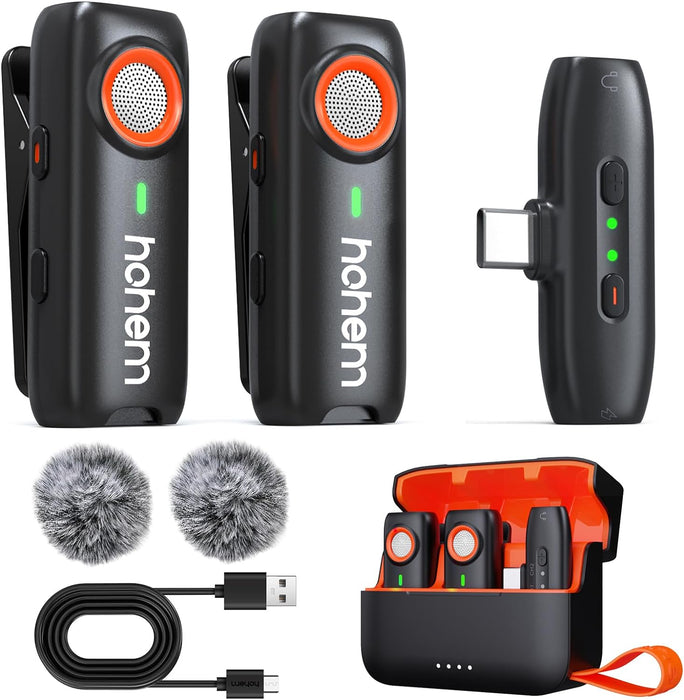 HOHEM Mic-01 Wireless Lavalier 2-Person Microphone - 2 Transmitter, 1 Receiver, 1 Charging Case - Black