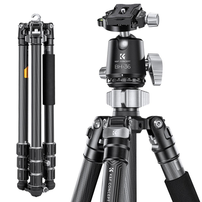 K&F CONCEPT X284C4 Flagship Carbon Fibre Tripod - 16kg Load Capacity, BH-36 Ballhead, X-Series, Large 28mm Carbon Fibre Tubes, Weighted at 1.76kg