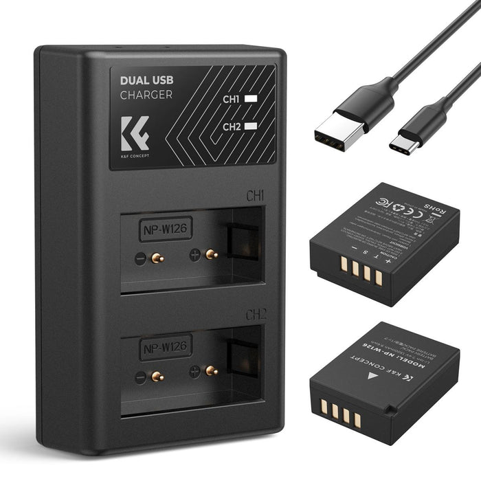K&F CONCEPT NP-W126 Replacement Batteries (2 pcs, 1300 mAh) & Dual Slot Charger Kit, compatible with Fujifilm Fujifilm X-S10, X-T30, X-T20, X-E4, X100V, X-T3, X-T2, X-T1, X-A5