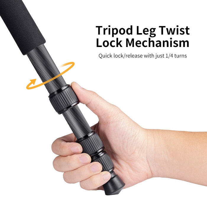 K&F CONCEPT SA254C4 Carbon Fibre Tripod - weight 1.4kg, max load 15kg, max height 1.75m, monopod mode, 4 section