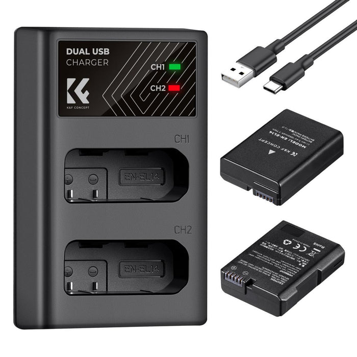 K&F CONCEPT EN-EL14 Replacement Batteries (2 pcs, 1050 mAh) & Dual Slot Charger Kit, compatible with Nikon D3100, D3200, D3300, D3400, D3500, D5100, D5200, D5300, D5500, D5600, COOLPIX P7000, P7100, P7200, P7700, P7800 etc. - 673SHOP.com