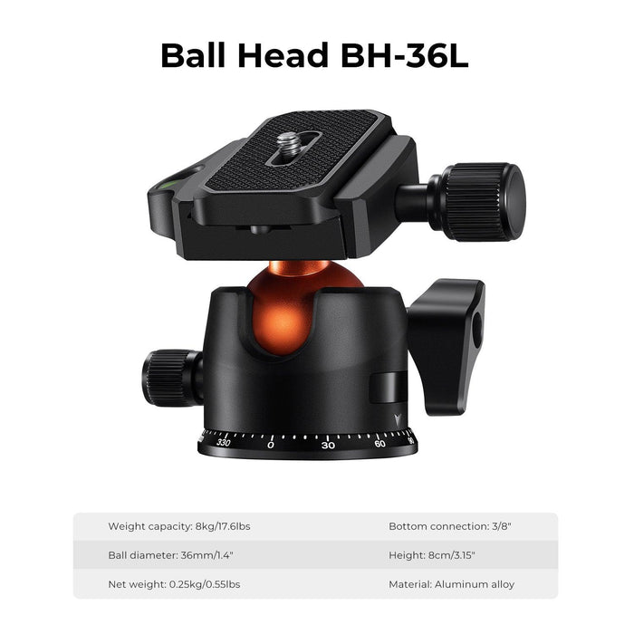 K&F CONCEPT K254C2+BH-36L Carbon Fibre Tripod (weight 1.1kg, load up to 8kg, max height 1.62m, 4 sections) - 673SHOP.com