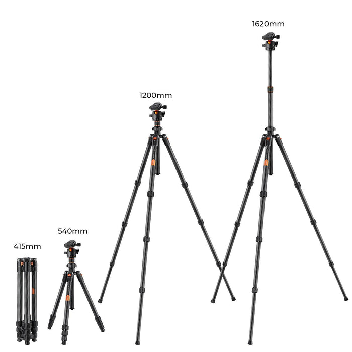 K&F CONCEPT K254C2+BH-36L Carbon Fibre Tripod (weight 1.1kg, load up to 8kg, max height 1.62m, 4 sections) - 673SHOP.com