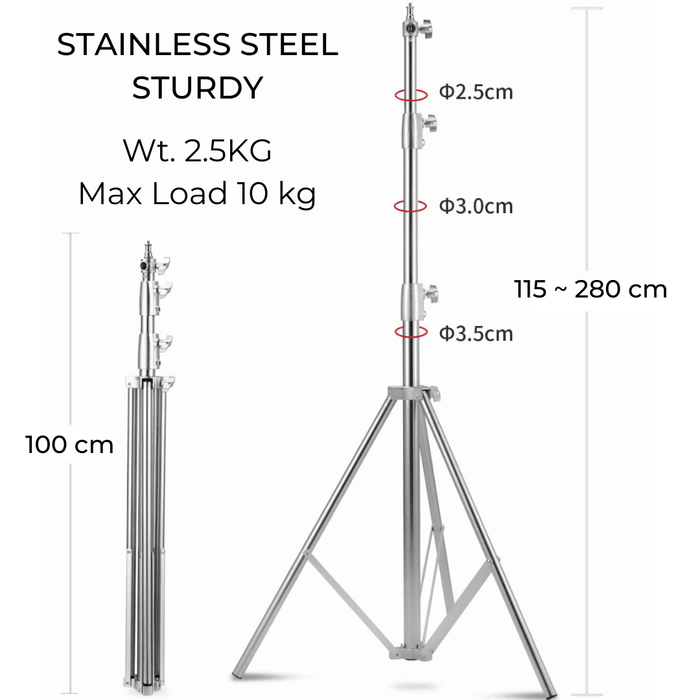 【 673SHOP ESSENTIALS 】2.8m Medium Duty Light Stand (Tube Diameters 35mm/ 30mm/ 25mm) - All Metal Construction, Air Cushioned - 673SHOP.com