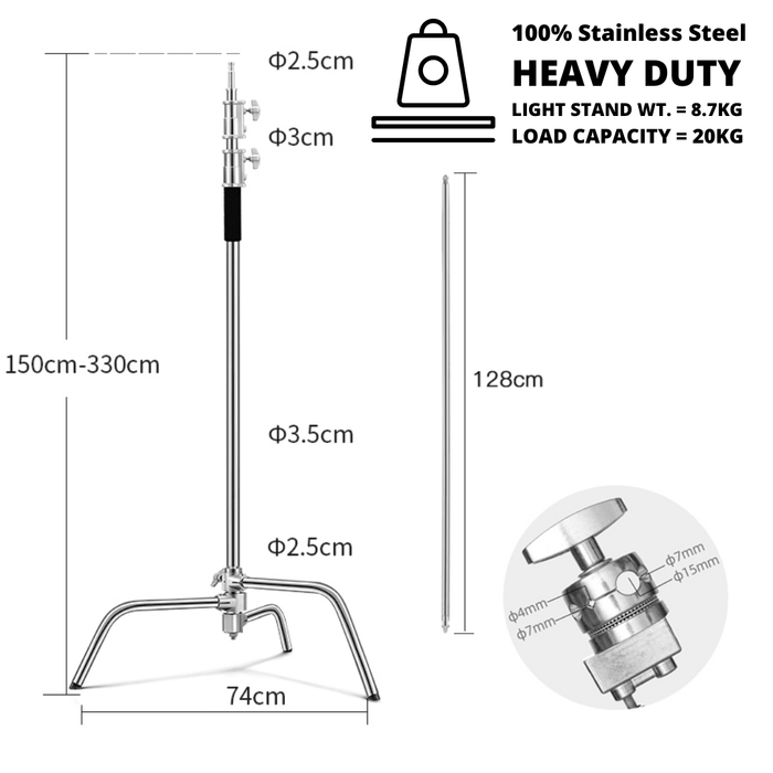 【 673SHOP ESSENTIALS 】3.3m Stainless Steel Heavy Duty C-Stand with 1.28m Boom Arm & 2 pcs Grip Heads for Studio Monolight, Softbox, Reflector - 673SHOP.com