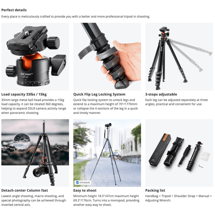K&F CONCEPT Mutate Series M1 Compact Aluminium Tripod (weight 1.78kg, load up to 15kg, max height 1.78m, extra compact, 5 sections, flip lock) - 673SHOP.com