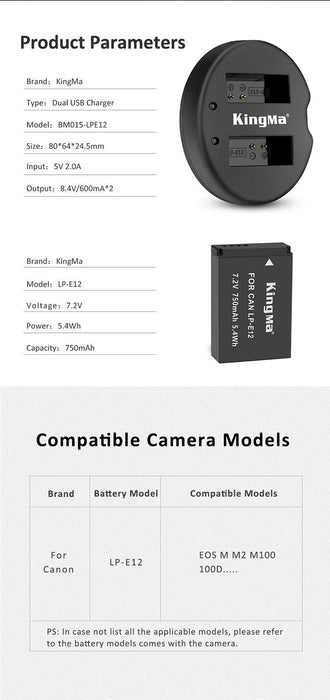 KINGMA Dual Battery Charger (BM015) with 2 x Replacement Battery Kit for Canon LP-E12 (compatible with Canon EOS M50, M100) - 673SHOP.com