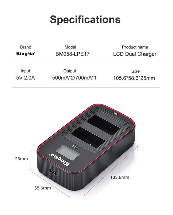 KINGMA LCD Dual Battery Charger (BM058) with 2 x Replacement Battery Kit for Canon LP-E17 (compatible with Canon EOS RP, 77D, 200D, 760D, 750D, 800D, 850D) - 673SHOP.com