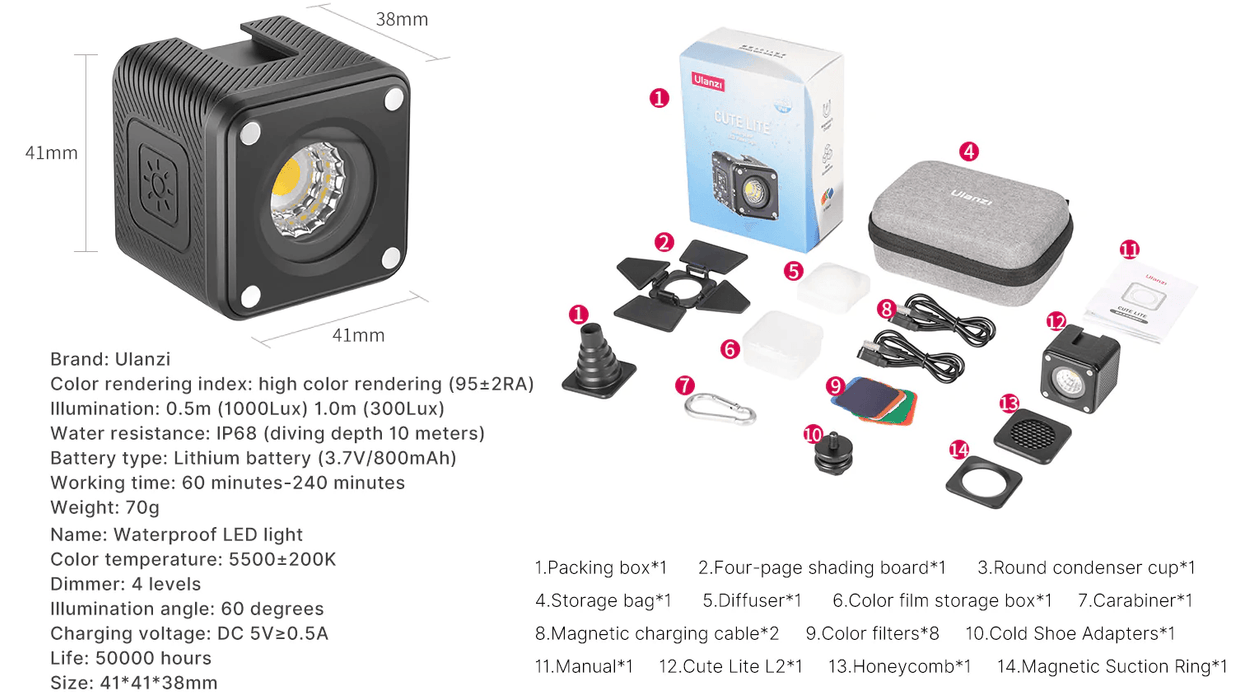ULANZI L2 Cute Lite Waterproof LED Light w/ Accessory Set & Storage Bag - 673SHOP.com