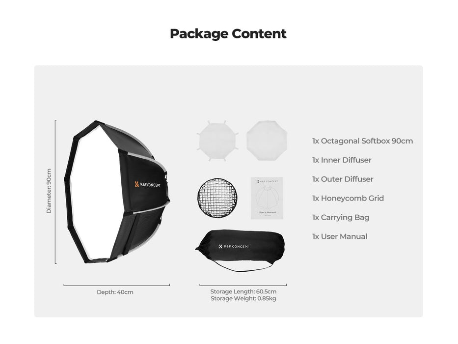 K&F CONCEPT Octagonal Softbox (with Grid, Bowen Mount, Quick Release) - 90cm