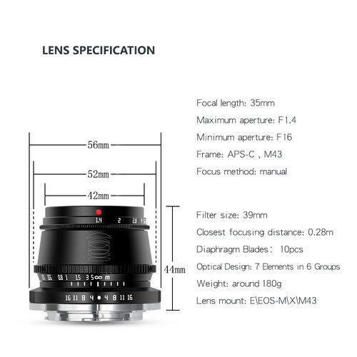 TTARTISAN 35mm F1.4 E for Sony E-Mount (Black) - Manual Focus (MF), APS-C