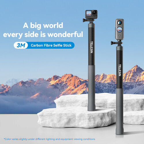 TELESIN 3m Carbon Fiber Extended Selfie Stick for Action Camera w/ 3-Prong or 1/4" Mount (3rd Gen)