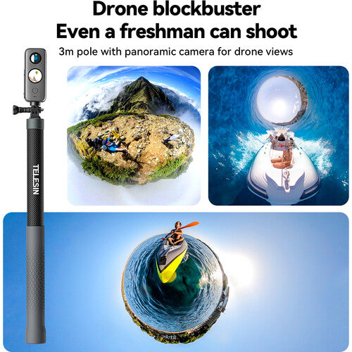 TELESIN 3m Carbon Fiber Extended Selfie Stick for Action Camera w/ 3-Prong or 1/4" Mount (3rd Gen)