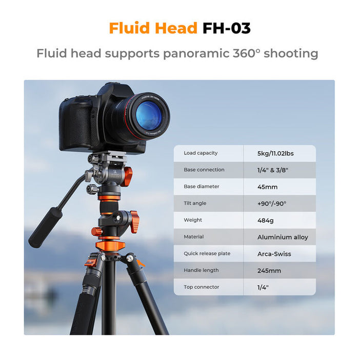K&F Concept T254A7 Video Tripod with FH-03 Fluid Head