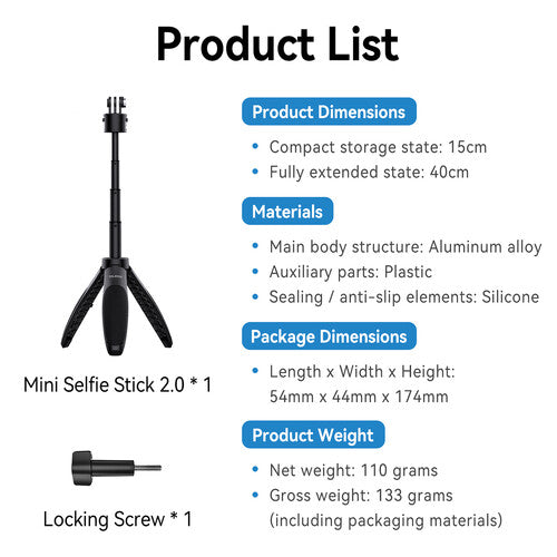 TELESIN Quick Release Selfie Stick 2.0 with Mini Tripod