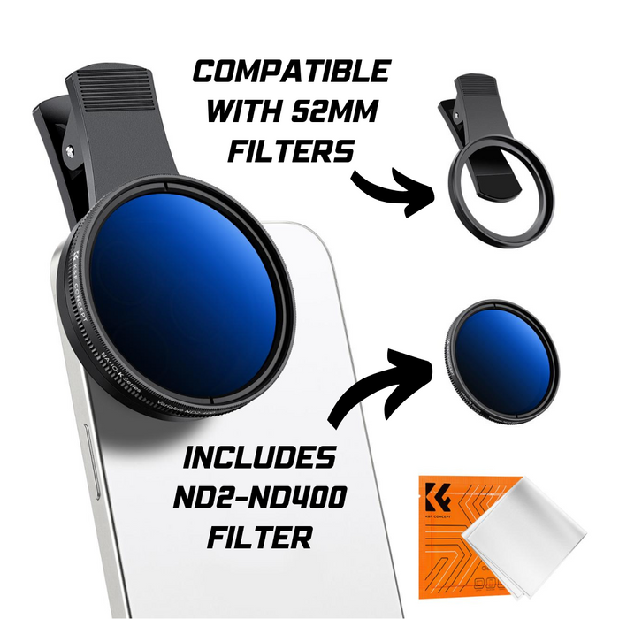 K&F CONCEPT 52mm Clip-on Filter Holder for Mobile Phone w/ ND2-ND400 Filter