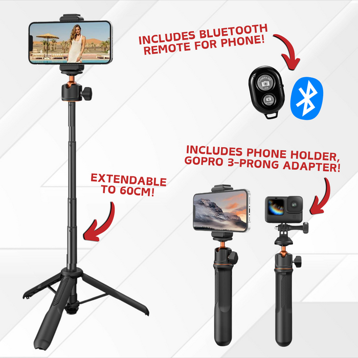 K&F CONCEPT MS11 60cm 2-in-1 Selfie Stick Tripod - 1/4" Thread, GoPro 3-Prong Mount, Bluetooth Remote