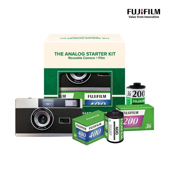 FUJIFILM The Analog Starter Kit - 1 x Reusable Camera (Black) w/ 1 x Fujifilm 200 36 Exp & 1 x Fujifilm 400 36 Exp