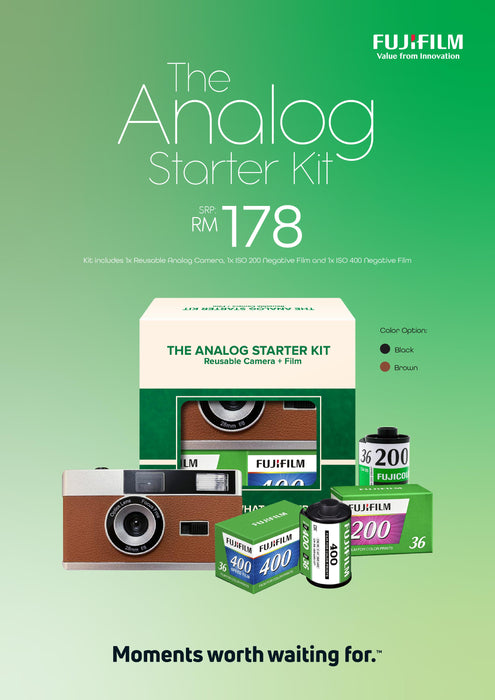 FUJIFILM The Analog Starter Kit - 1 x Reusable Camera (Brown) w/ 1 x Fujifilm 200 36 Exp & 1 x Fujifilm 400 36 Exp
