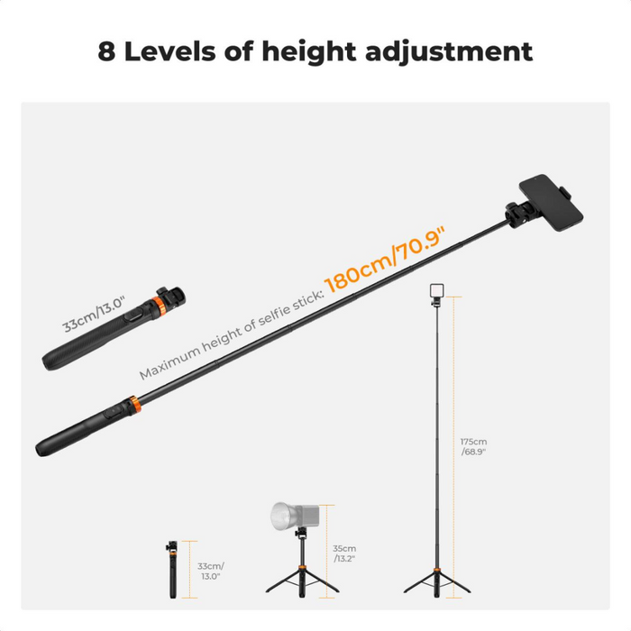 K&F CONCEPT MS24 Portable Adjustable Selfie Stick, Tripod & Light Stand - max height 1.75m, 2 kg max load, with Bluetooth remote