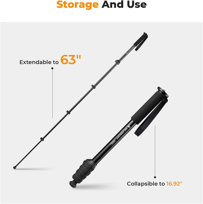 K&F CONCEPT MS16 1.6m Monopod - 5 sections, max load 10kg, 1/4" & 3/8" threaded mount