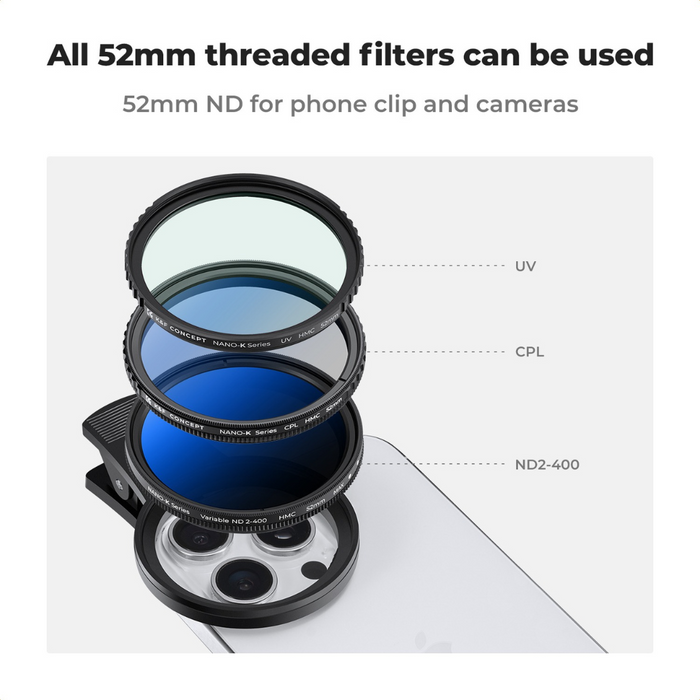 K&F CONCEPT 52mm Clip-on Filter Holder for Mobile Phone w/ ND2-ND400 Filter