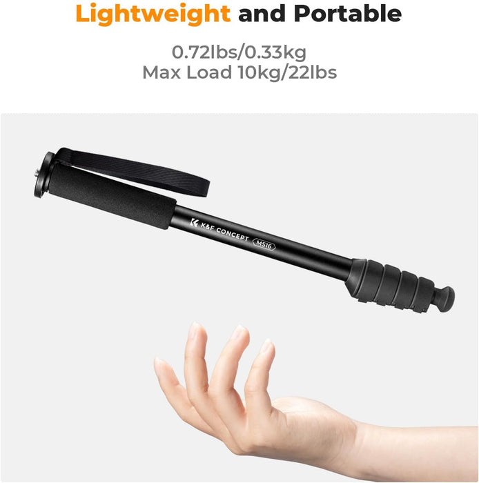 K&F CONCEPT MS16 1.6m Monopod - 5 sections, max load 10kg, 1/4" & 3/8" threaded mount