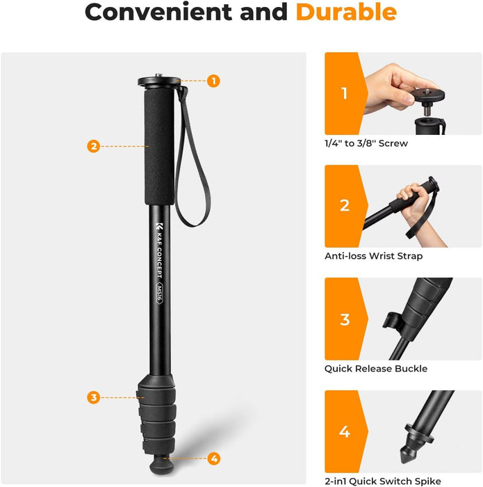 K&F CONCEPT MS16 1.6m Monopod - 5 sections, max load 10kg, 1/4" & 3/8" threaded mount