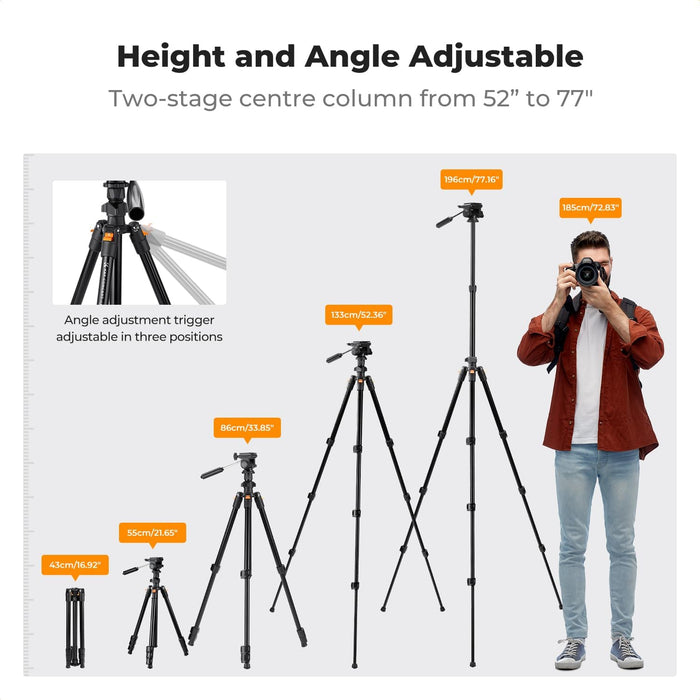 K&F CONCEPT O234A0 Lightweight Tripod 3-Way Pan BV01 Head w/ Phone Holder