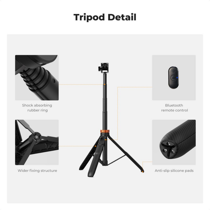 K&F CONCEPT MS24 Portable Adjustable Selfie Stick, Tripod & Light Stand - max height 1.75m, 2 kg max load, with Bluetooth remote