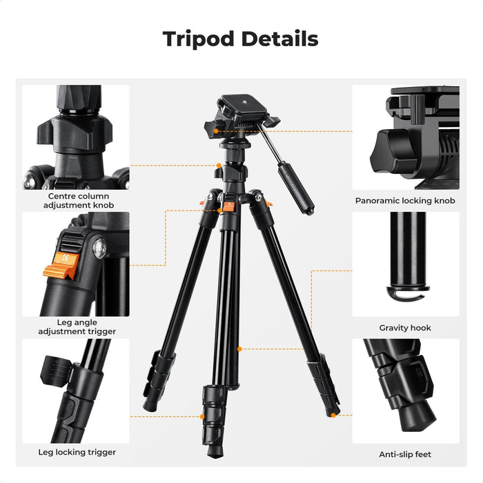 K&F CONCEPT O234A0 Lightweight Tripod 3-Way Pan BV01 Head w/ Phone Holder