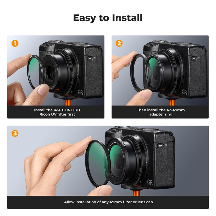 K&F CONCEPT 42-49mm Adapter Ring Kit w/ Black Diffusion 1/4 +MCUV Protection Filter for Ricoh GR Series