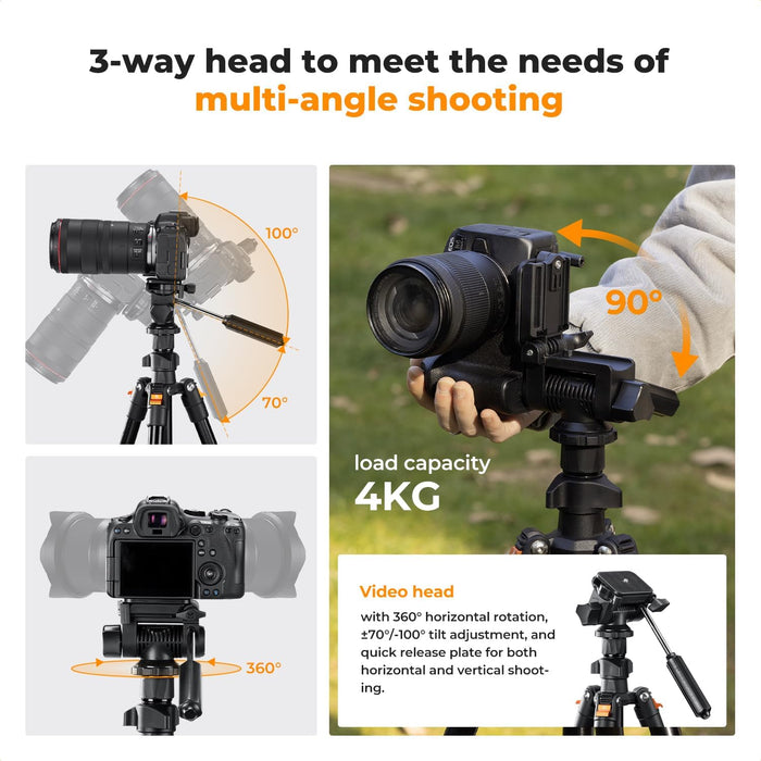 K&F CONCEPT O234A0 Lightweight Tripod 3-Way Pan BV01 Head w/ Phone Holder
