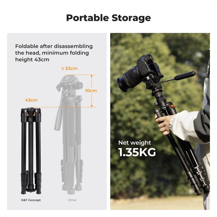 K&F CONCEPT O234A0 Lightweight Tripod 3-Way Pan BV01 Head w/ Phone Holder