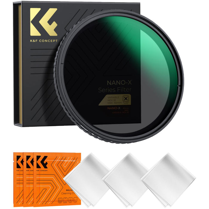 K&F CONCEPT NANO-X Series Filter - Variable/ Fader ND2-ND32 (1-5 Stop VND) - No Cross Version, Includes 3 pcs Cleaning Clothes - All Sizes