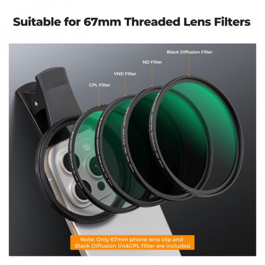 K&F CONCEPT 67mm Filter Holder for Mobile Phone w/ Black mist 1/4 + CPL filter