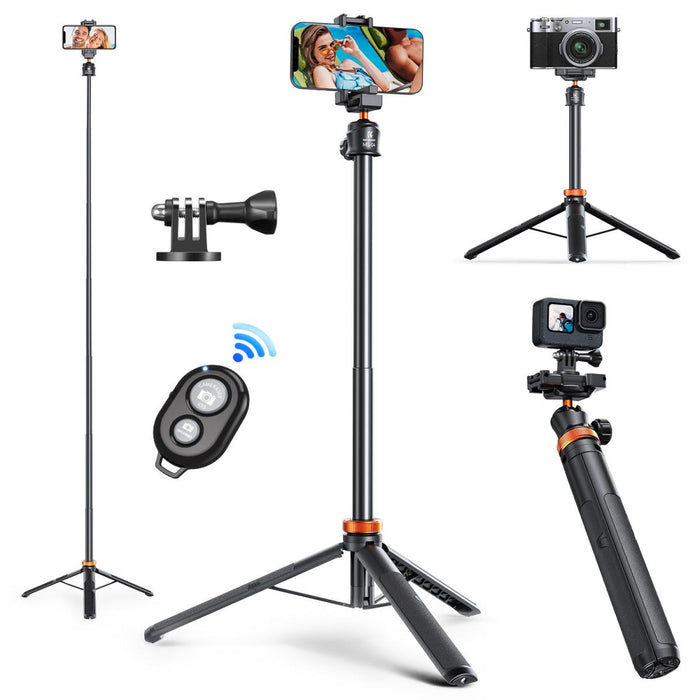 K&F CONCEPT MS04 1.58m 2-in-1 Selfie Stick Tripod - 1/4" Thread, GoPro 3-Prong Mount, Bluetooth Remote (Black Orange)