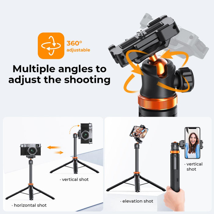 K&F CONCEPT MS04 1.58m 2-in-1 Selfie Stick Tripod - 1/4" Thread, GoPro 3-Prong Mount, Bluetooth Remote (Black Orange)
