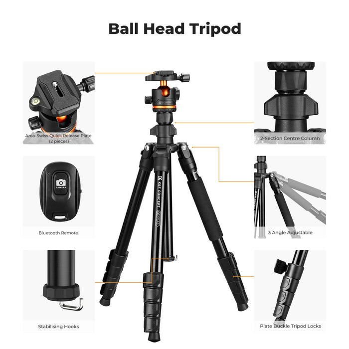 K&F Concept O275A5 Lightweight Camera Tripod w/ BH-40 Ball Head, Detachable Monopod, Phone Holder