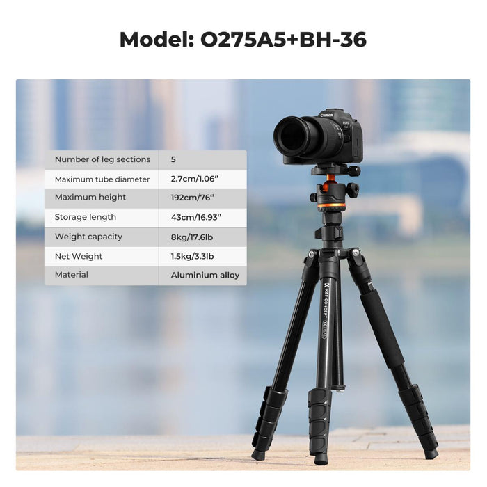 K&F Concept O275A5 Lightweight Camera Tripod w/ BH-40 Ball Head, Detachable Monopod, Phone Holder