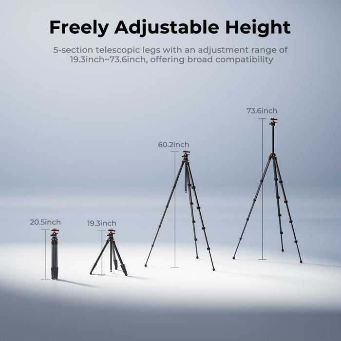 K&F CONCEPT A305A3 185cm Aluminum Travel Camera Tripod w/ BH-40 Ball Head