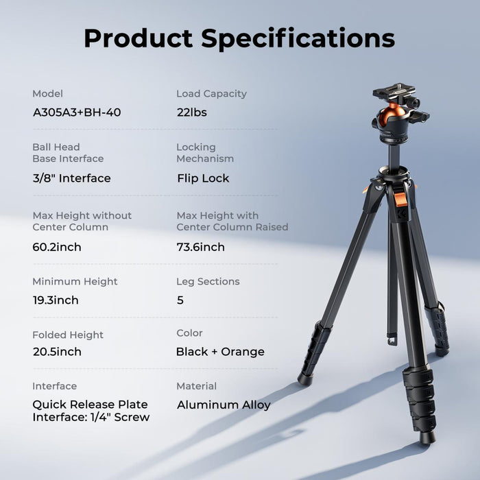 K&F CONCEPT A305A3 185cm Aluminum Travel Camera Tripod w/ BH-40 Ball Head