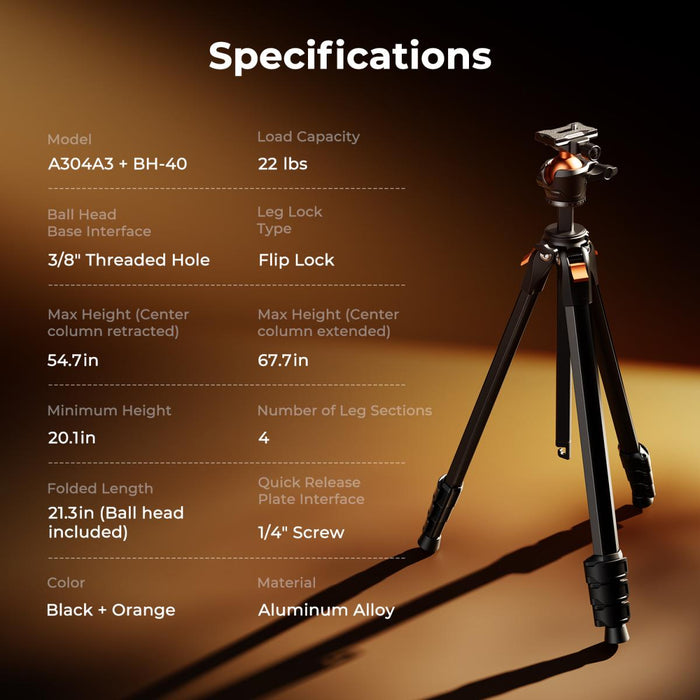 K&F CONCEPT A304A3 172cm Aluminum Travel Camera Tripod w/ BH-40 Ball Head