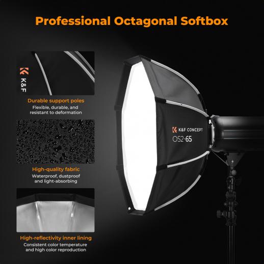 K&F CONCEPT Flat Octagonal Softbox (with Grid, Bowen Mount, Quick Release) - 65cm